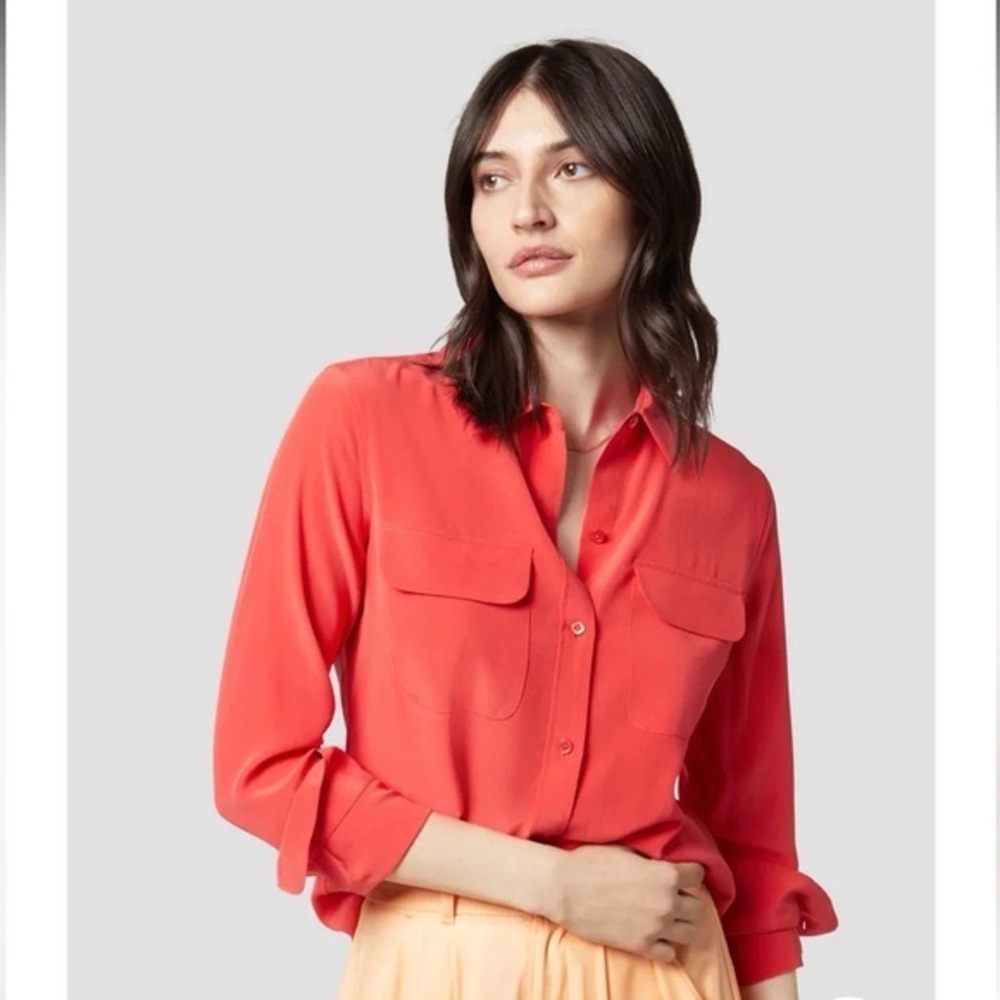 EQUIPMENT FEMME 100% Silk Coral Orange Button-Up Blouse Shirt Top XS Designer